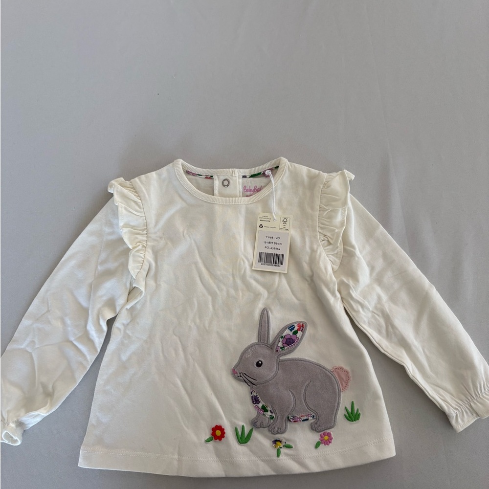 Boden baby NWT 12-18 months Girls White Bunny Appliqué Long-Sleeve Top